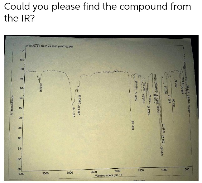 Could you please find the compound from
the IR?
Wed Apr 20 18:05: 49 2022 (GMT-07:00)
% Transmittance
104
102
100-
98-
96-
94-
92
90
88
86
84
82-
80
4000
3679.07
3500
2971.78
3000
2964.30 2842.98
2000
2500
Wavenumbers (cm-1)
1592.72 1574.49
1426.29 1400.187
927.22
1282.82
1176 55
1110.88 1053.12 1129.00
852.18
1322.35
1081.98
1054.00 1032.45 1015.76
1500
Thandwet
1000
682.30
548.58 523.10
472.72
761.06
428 99 419 80 412.15
500