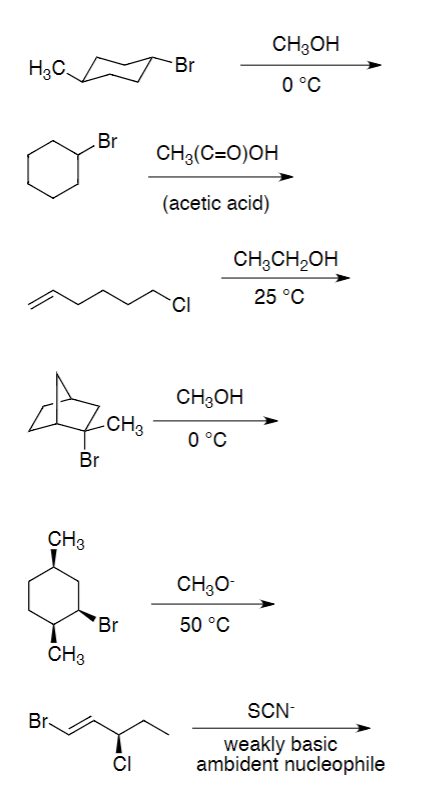 H3C.
Ac
Br
CH3
CH3
Br
Br
-CH3
Br
CI
Br
CH3(C=O)OH
(acetic acid)
CI
CH3OH
0 °C
CH3OH
0 °C
CH3O
50 °C
CH₂CH₂OH
25 °C
SCN-
weakly basic
ambident nucleophile