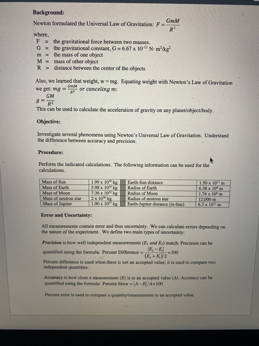 Background:
GmM
Newton formulated the Universal Law of Gravitation: F =
R2
where,
F
= the gravitational force between two masses.
G = the gravitational constant, G = 6.67 x 101" N• m²/kg?
the mass of one object
mass of other object
distance between the center of the objects
m
%3D
M =
R =
Also, we learned that weight, w=mg. Equating weight with Newton's Law of Gravitation
we get: mg =
GmM
or canceling m:
R2
GM
g =
R2
This can be used to calculate the acceleration of gravity on any planet/object/body.
Objective:
Investigate several phenomena using Newton's Universal Law of Gravitation. Understand
the difference between accuracy and precision.
Procedure:
Perform the indicated calculations. The following information can be used for the
calculations.
1.99 x 100 kg
5.98 x 1024 kg
7.36 x 102 kg
2 x 100 kg
1.90 x 1027 kg
Mass of Sun
1.50 x 10" m
6.38 x 10° m
1.74 x 10 m
12,000 m
6.3 x 10 m
Earth-Sun distance
Radius of Earth
Mass of Earth
Mass of Moon
Radius of Moon
Radius of neutron star
Mass of neutron star
Mass of Jupiter
Earth-Jupiter distance (in-line)
Error and Uncertainty:
All measurements contain error and thus uncertainty. We can calculate errors depending on
the nature of the experiment. We define two main types of uncertainty:
Precision is how well independent measurements (E, and E2) match. Precision can be
quantified using
formula: Percent Difference =
E-E
x100
(E, +E)/2
Percent difference is used when there is not an accepted value; it is used to compare two
independent quantities.
Accuracy is how close a measurement (E) is to an accepted value (A). Accuracy can be
quantified using the formula: Percent Error =|A- E|/A×100
Percent error is used to compare a quantity/measurement to an accepted value.
