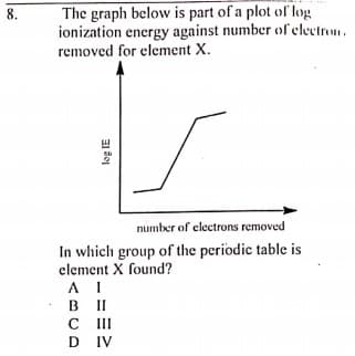 The graph below is part of a plot ol log
ionization energy against number of electron.
removed for element X.
8.
number of electrons removed
In which group of the periodic table is
element X found?
A I
B II
C II
D IV
31 So
