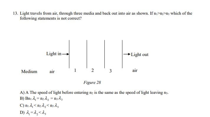 13. Light travels from air, through three media and back out into air as shown. If nı>n>n3 which of the
following statements is not correct?
Light in-
►Light out
Medium
air
2
3
air
Figure 28
A) A The speed of light before entering n2 is the same as the speed of light leaving ns.
B) Bn, 2, = n2 A2 = n3 2,
C) ni 4, < n2 2, < n3 2,
D) 2, =1,<2,
