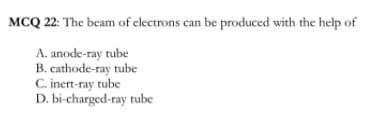 MCQ 22: The beam of electrons can be produced with the help of
A. anode-ray tube
B. cathode-ray tube
C. inert-ray tube
D. bi-charged-ray tube
