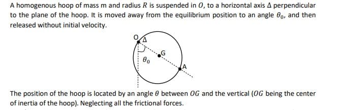 A homogenous hoop of mass m and radius R is suspended in 0, to a horizontal axis A perpendicular
to the plane of the hoop. It is moved away from the equilibrium position to an angle 0, and then
released without initial velocity.
The position of the hoop is located by an angle 0 between OG and the vertical (OG being the center
of inertia of the hoop). Neglecting all the frictional forces.
