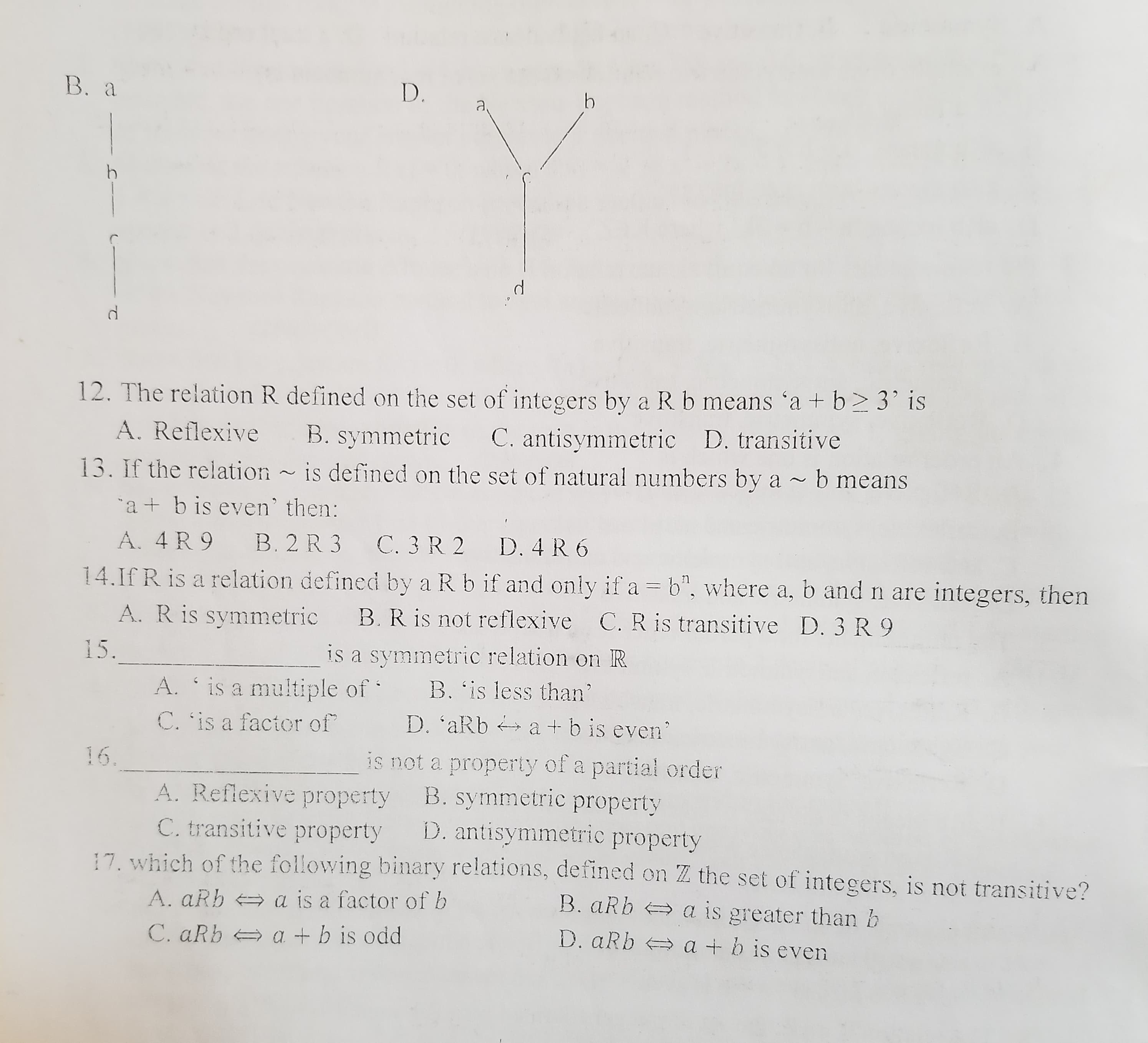 12. The relation R defined on the set of integers by a R b means 'a + b2 3' is
A. Reflexive B. symmetric
C. antisymmetric D. transitive
