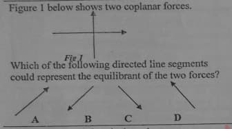 Figure 1 below shows two coplanar forces.
Fig I
Which of the following directed line segments
could represent the equilibrant of the two forces?
A.
B
D
