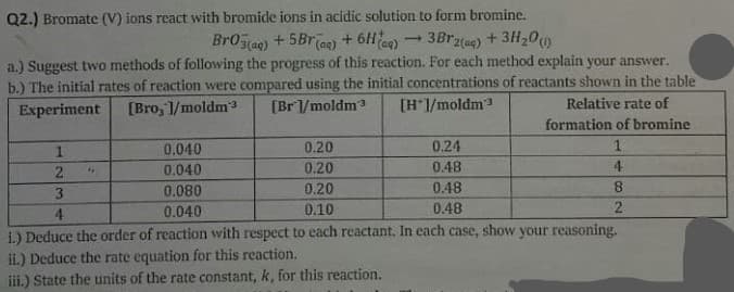 Q2.) Bromate (V) ions react with bromide ions in acidic solution to form bromine.
Br0z(ag) + 5Br(ag) + 6Hag)
3Br (a) + 3H200
a.) Suggest two methods of following the progress of this reaction. For each method explain your answer.
b.) The initial rates of reaction were compared using the initial concentrations of reactants shown in the table
Experiment
[Bro, 1/moldm3
[Br1/moldm3
[H'1/moldm
Relative rate of
formation of bromine
0.040
0.20
0.24
1.
0.040
0.20
0.48
4.
3
0.080
0.20
0.48
4
0.040
0.10
0.48
2
i.) Deduce the order of reaction with respect to each reactant. In each case, show your reasoning.
ii.) Deduce the rate equation for this reaction.
iii.) State the units of the rate constant, k, for this reaction.
