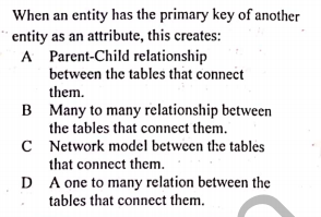 When an entity has the primary key of another
entity as an attribute, this creates:
A Parent-Child relationship
between the tables that connect
them.
B Many to many relationship between
the tables that connect them.
C Network model between the tables
that connect them.
D A one to many relation between the
tables that connect them.
