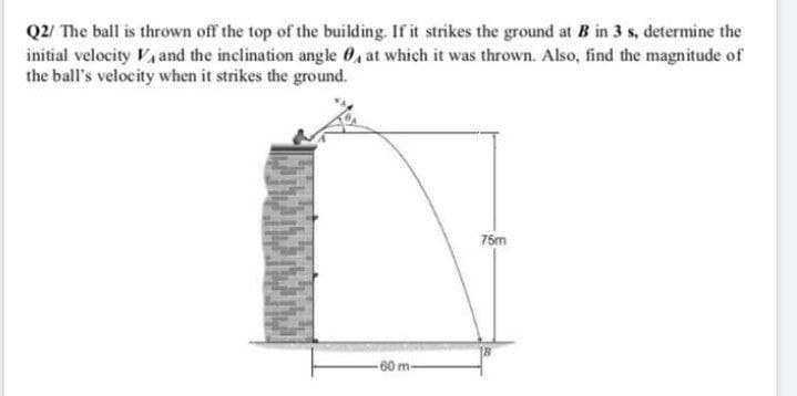 Q2/ The ball is thrown off the top of the building. If it strikes the ground at B in 3 s, determine the
initial velocity Va and the inclination angle 0, at which it was thrown. Also, find the magnitude of
the ball's velocity when it strikes the ground.
75m
-60 m-
