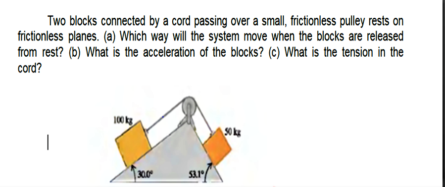 Two blocks connected by a cord passing over a small, frictionless pulley rests on
frictionless planes. (a) Which way will the system move when the blocks are released
from rest? (b) What is the acceleration of the blocks? (c) What is the tension in the
cord?
100 kg
S0 kg
30.0
53.1°
