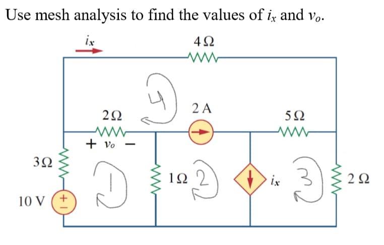 Use mesh analysis to find the values of ix and vo.
ix
4Ω
2 A
5Ω
+ vo
3Ω
19
ix
2Ω
10 V
