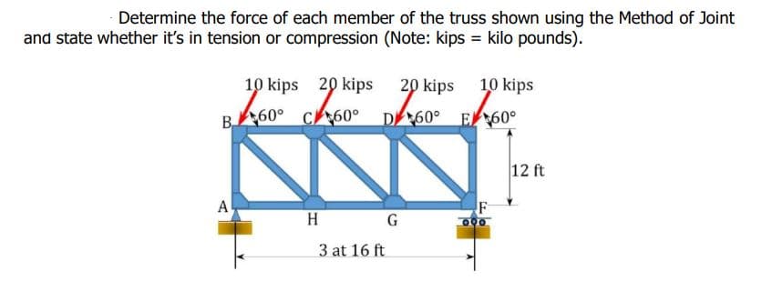 Determine the force of each member of the truss shown using the Method of Joint
and state whether it's in tension or compression (Note: kips = kilo pounds).
10 kips 20 kips 20 kips 10 kips
B60° C60°
D60° E60°
12 ft
F
000
A
H
G
3 at 16 ft
