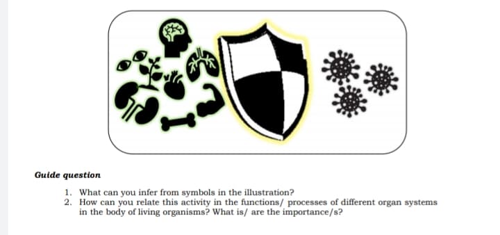 Guide question
1. What can you infer from symbols in the illustration?
2. How can you relate this activity in the functions/ processes of different organ systems
in the body of living organisms? What is/ are the importance/s?