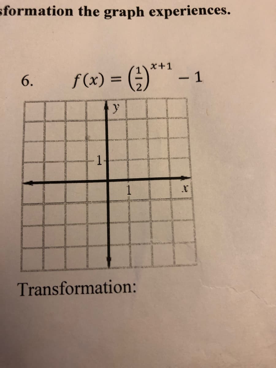 sformation the graph experiences.
x+1
f(x) = )
- 1
6.
1.
Transformation:
