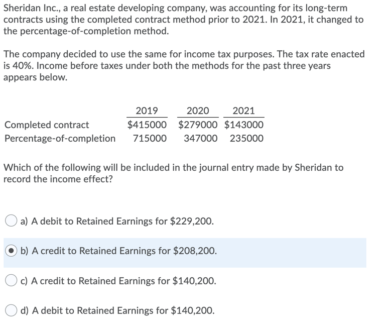 Sheridan Inc., a real estate developing company, was accounting for its long-term
contracts using the completed contract method prior to 2021. In 2021, it changed to
the percentage-of-completion method.
The company decided to use the same for income tax purposes. The tax rate enacted
is 40%. Income before taxes under both the methods for the past three years
appears below.
Completed contract
Percentage-of-completion
2019
2020
2021
$415000
$279000 $143000
715000 347000 235000
Which of the following will be included in the journal entry made by Sheridan to
record the income effect?
a) A debit to Retained Earnings for $229,200.
b) A credit to Retained Earnings for $208,200.
c) A credit to Retained Earnings for $140,200.
d) A debit to Retained Earnings for $140,200.