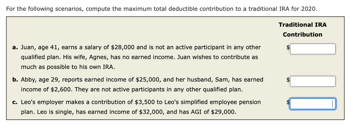 For the following scenarios, compute the maximum total deductible contribution to a traditional IRA for 2020.
Traditional IRA
Contribution
a. Juan, age 41, earns a salary of $28,000 and is not an active participant in any other
qualified plan. His wife, Agnes, has no earned income. Juan wishes to contribute as
much as possible to his own IRA.
b. Abby, age 29, reports earned income of $25,000, and her husband, Sam, has earned
income of $2,600. They are not active participants in any other qualified plan.
c. Leo's employer makes a contribution of $3,500 to Leo's simplified employee pension
plan. Leo is single, has earned income of $32,000, and has AGI of $29,000.