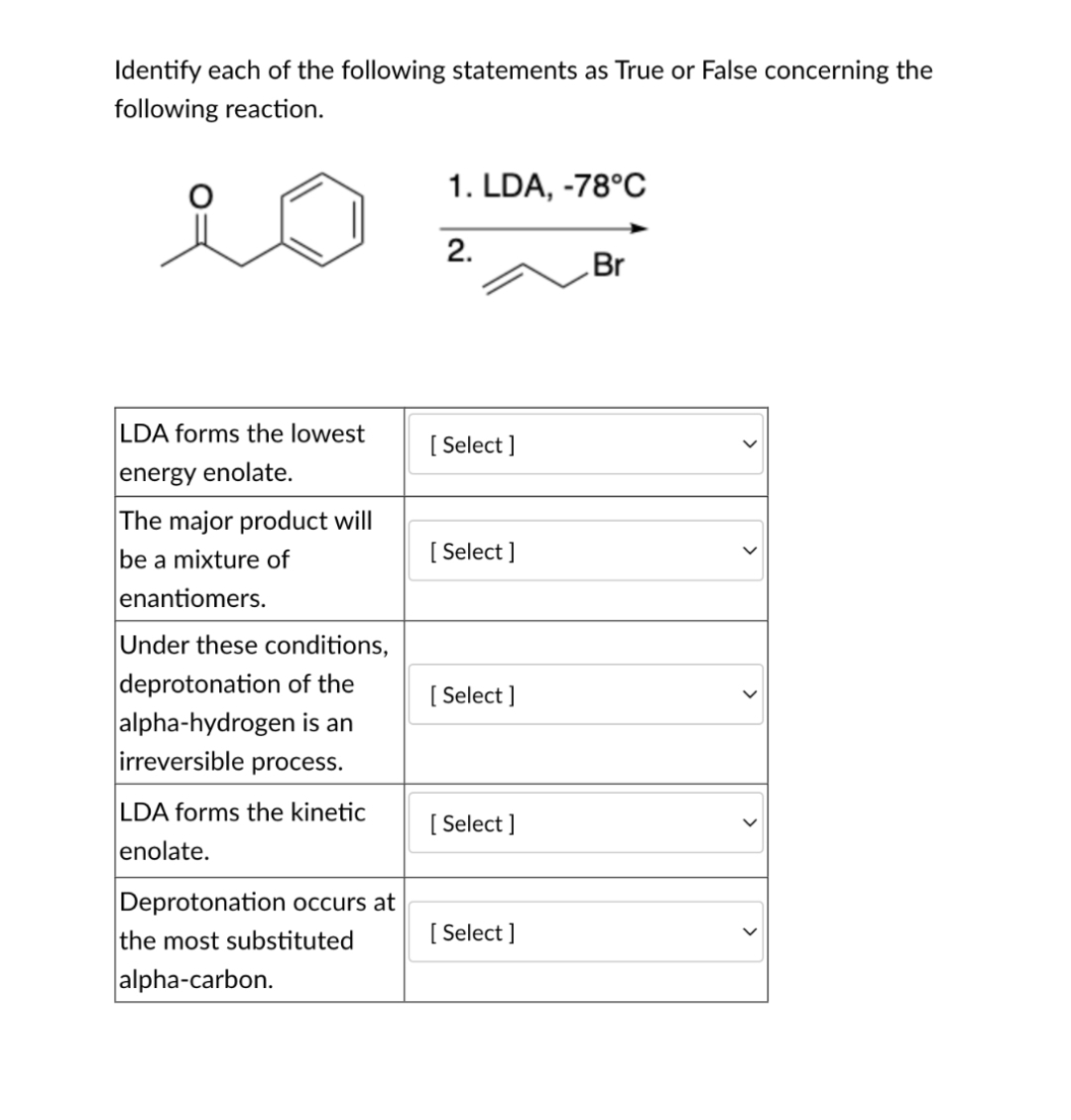 Identify each of the following statements as True or False concerning the
following reaction.
LDA forms the lowest
energy enolate.
The major product will
be a mixture of
enantiomers.
Under these conditions,
deprotonation of the
alpha-hydrogen is an
irreversible process.
LDA forms the kinetic
enolate.
Deprotonation occurs at
the most substituted
alpha-carbon.
1. LDA, -78°C
2.
[Select]
[Select]
[Select]
[Select]
[Select]
Br