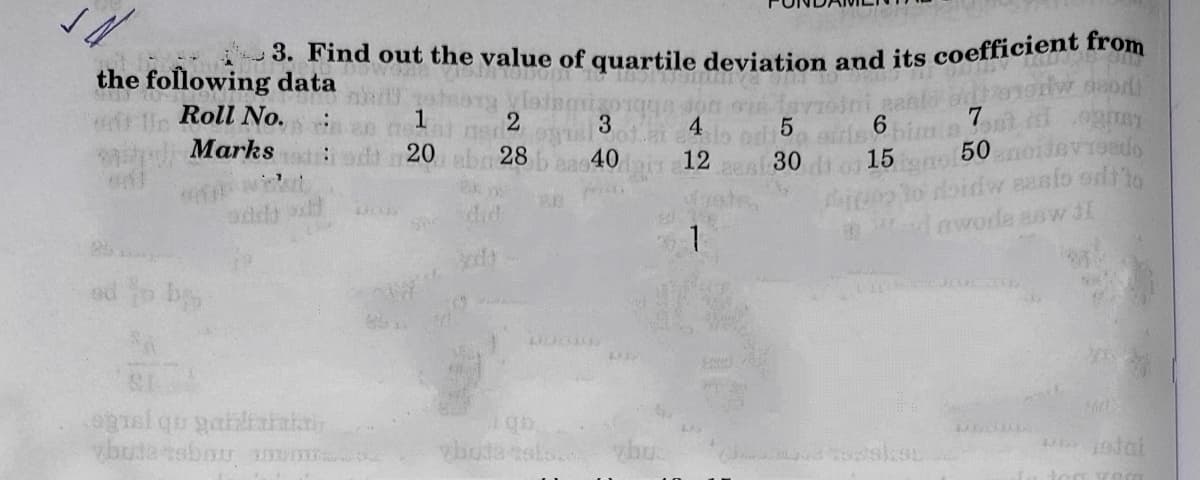 the following data
3. Find out the value of quartile deviation and its coefficient from
Roll No.
Marks
3
4
20
28
40
12
30
15
did
S
nwode asw dI
od o b
huda tebou
