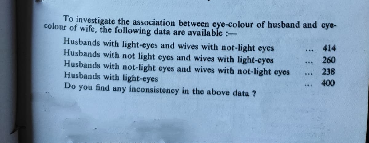 To investigate the association between eye-colour of husband and eye-
colour of wife, the following data are available :-
Husbands with light-eyes and wives with not-light eyes
Husbands with not light eyes and wives with light-eyes
Husbands with not-light eyes and wives with not-light eyos
Husbands with light-eyes
Do you find any inconsistency in the above data ?
414
...
260
...
238
400
...
