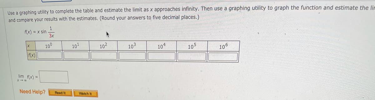 Use a graphing utility to complete the table and estimate the limit as x approaches infinity. Then use a graphing utility to graph the function and estimate the lin
and compare your results with the estimates. (Round your answers to five decimal places.)
1
f(x) = x sin
3x
10°
101
102
103
104
105
106
f(x)
lim f(x) =
Need Help?
Read It
Watch It
