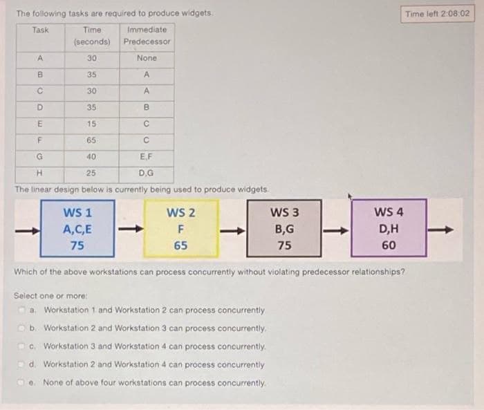 The following tasks are required to produce widgets.
Time left 2:08:02
Task
Time
Immediate
(seconds)
Predecessor
30
None
35
A
30
A
35
B.
15
65
40
E,F
25
D.G
The linear design below is currently being used to produce widgets.
WS 2
WS 3
WS 1
A,C,E
W 4
F
B,G
D,H
75
65
75
60
Which of the above workstations can process concurrently without violating predecessor relationships?
Select one or more:
Oa. Workstation 1 and Workstation 2 can process concurrently
Ob. Workstation 2 and Workstation 3 can process concurrently.
D. Workstation 3 and Workstation 4 can process concurrently.
Od. Workstation 2 and Workstation 4 can process concurrently
e. None of above four workstations can process concurrently.
C.
