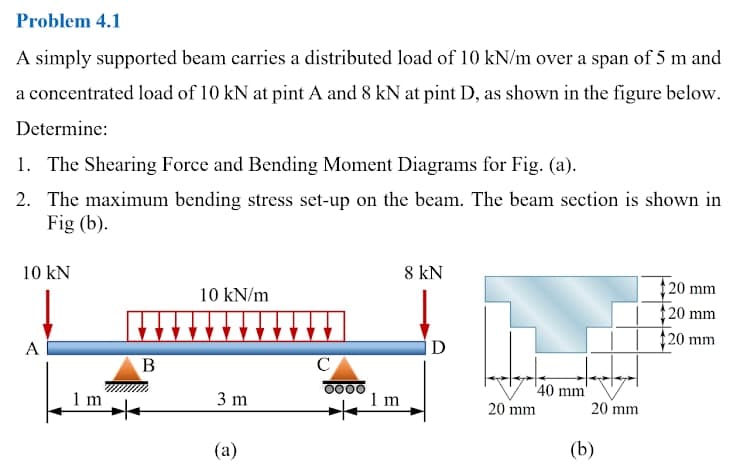 Problem 4.1
A simply supported beam carries a distributed load of 10 kN/m over a span of 5 m and
a concentrated load of 10 kN at pint A and 8 kN at pint D, as shown in the figure below.
Determine:
1. The Shearing Force and Bending Moment Diagrams for Fig. (a).
2. The maximum bending stress set-up on the beam. The beam section is shown in
Fig (b).
10 kN
8 kN
$20 mm
20 mm
20 mm
10 kN/m
A
D
B
C
0000
1 m
'40 mm'
1 m
3 m
20 mm
20 mm
(а)
(b)
