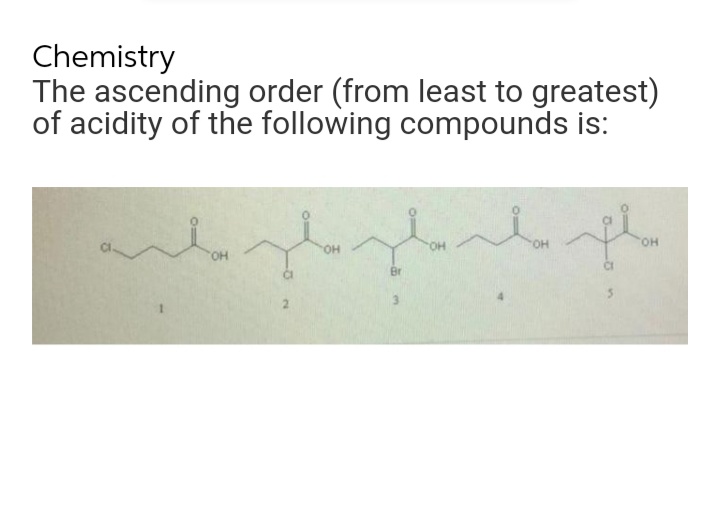 Chemistry
The ascending order (from least to greatest)
of acidity of the following compounds is:
OH
2
Br
ملحديد
OH
OH