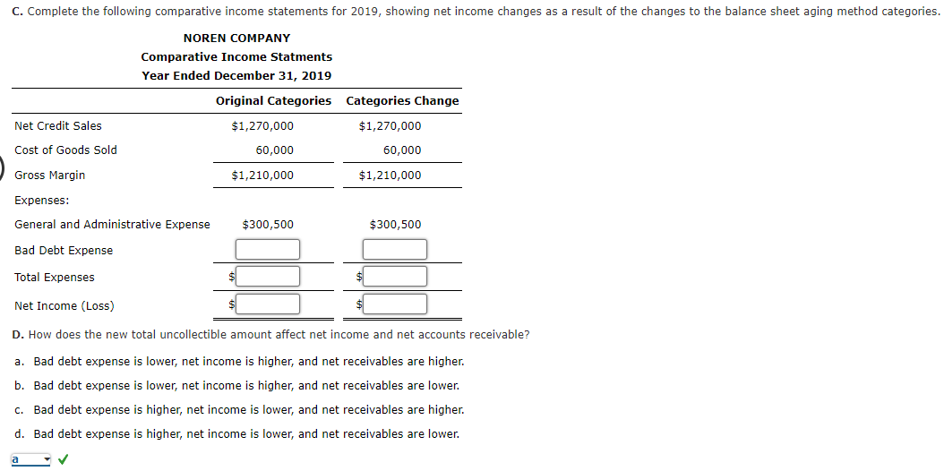 C. Complete the following comparative income statements for 2019, showing net income changes as a result of the changes to the balance sheet aging method categories.
NOREN COMPANY
Comparative Income Statments
Year Ended December 31, 2019
Original Categories Categories Change
Net Credit Sales
$1,270,000
$1,270,000
Cost of Goods Sold
60,000
60,000
Gross Margin
$1,210,000
$1,210,000
Expenses:
General and Administrative Expense
$300,500
$300,500
Bad Debt Expense
Total Expenses
Net Income (Loss)
D. How does the new total uncollectible amount affect net income and net accounts receivable?
a. Bad debt expense is lower, net income is higher, and net receivables are higher.
b. Bad debt expense is lower, net income is higher, and net receivables are lower.
c. Bad debt expense is higher, net income is lower, and net receivables are higher.
d. Bad debt expense is higher, net income is lower, and net receivables are lower.
