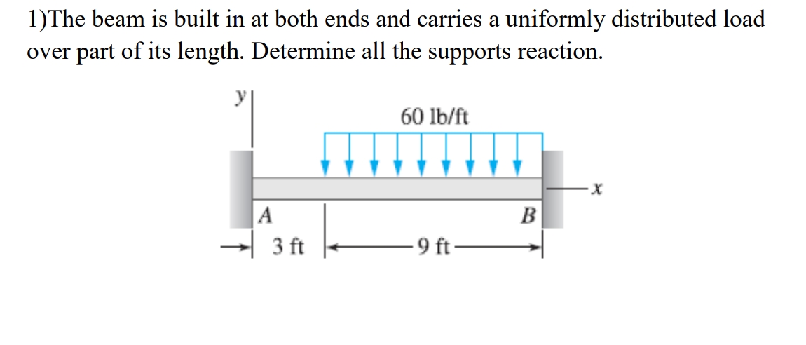 1)The beam is built in at both ends and carries a uniformly distributed load
over part of its length. Determine all the supports reaction.
60 lb/ft
A
3 ft
B
- 9 ft

