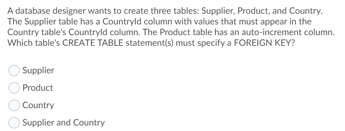 A database designer wants to create three tables: Supplier, Product, and Country.
The Supplier table has a Countryld column with values that must appear in the
Country table's Countryld column. The Product table has an auto-increment column.
Which table's CREATE TABLE statement(s) must specify a FOREIGN KEY?
Supplier
Product
Country
Supplier and Country
