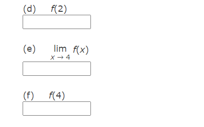 (d)
f(2)
(e)
lim f(x)
(f) f(4)
