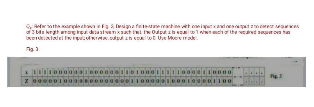 Q₂: Refer to the example shown in Fig. 3, Design a finite-state machine with one input x and one output z to detect sequences
of 3 bits length among input data stream x such that, the Output z is equal to 1 when each of the required sequences has
been detected at the input; otherwise, output z is equal to 0. Use Moore model.
Fig. 3
11000000
Z 000001
0001101000111
000110000
00001100
Fig. 3