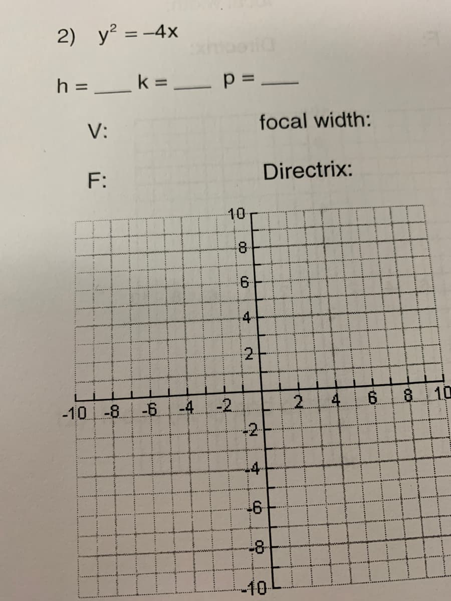 2) y? = -4x
h = __k = _ p=
%3D
V:
focal width:
F:
Directrix:
10-
6-
4-
2-
8 10
-2.
-2-
-10 -8
-6
-4
2.
-10
6.
