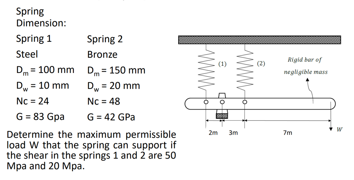 Spring
Dimension:
Spring 1
Spring 2
Steel
Bronze
Rigid bar of
(1)
(2)
Dm
= 100 mm
D = 150 mm
negligible mass
m
D,
10 mm
Dw = 20 mm
%D
Nc = 24
Nc = 48
G = 83 Gpa
G = 42 GPa
Determine the maximum permissible
load W that the spring can support if
the shear in the springs 1 and 2 are 50
Мра and 20 Mра.
2m
3m
7m
WWW
WWw

