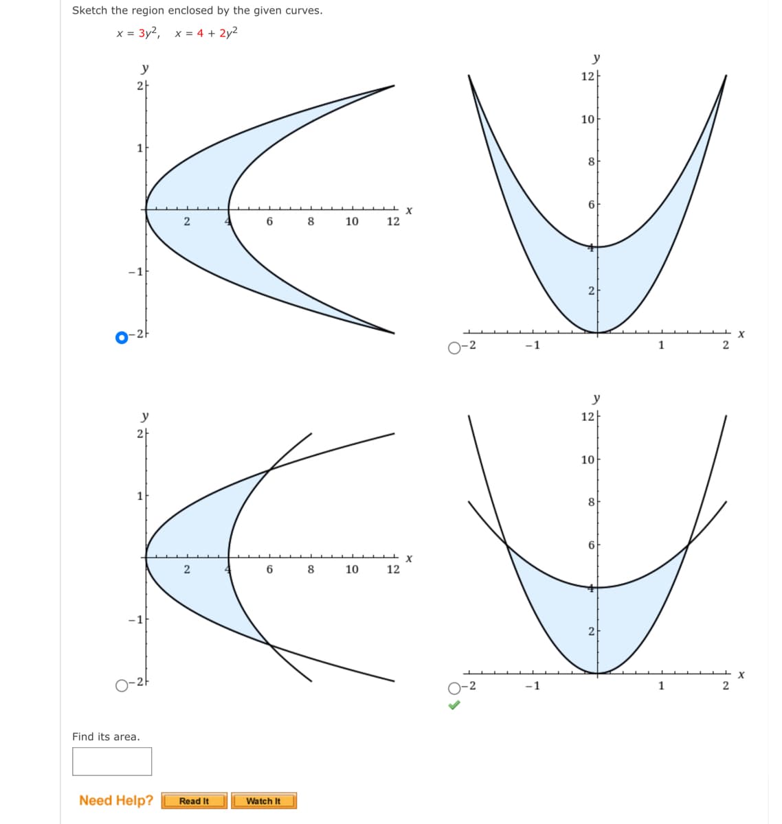 Sketch the region enclosed by the given curves.
x = 3y2, x = 4 + 2y2
y
y
12
2-
10
8
6
X
2
8
10
12
-1
1
2
y
y
12
2
10
1
8
6
2
6
8
10
12
-1
1
2
Find its area.
Need Help?
Watch It
Read It
