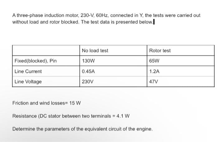 A three-phase induction motor, 230-V, 60Hz, connected in Y, the tests were carried out
without load and rotor blocked. The test data is presented below.
Fixed(blocked), Pin
Line Current
Line Voltage
Friction and wind losses= 15 W
No load test
130W
0.45A
230V
Rotor test
65W
1.2A
47V
Resistance (DC stator between two terminals = 4.1 W
Determine the parameters of the equivalent circuit of the engine.