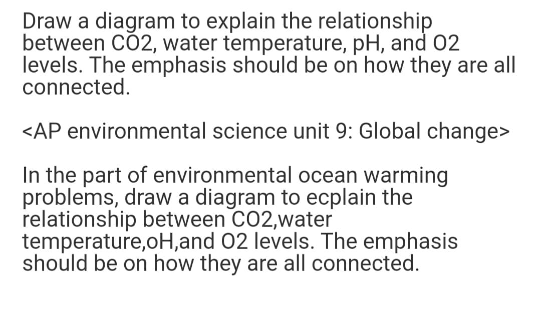 Draw a diagram to explain the relationship
between CÓ2, water temperature, pH, and 02
levels. The emphasis should be on how they are all
connected.
<AP environmental science unit 9: Global change>
In the part of environmental ocean warming
problems, draw a diagram to ecplain the
relationship between CO2,water
temperature,oH,and 02 levels. The emphasis
should be on how they are all connected.
