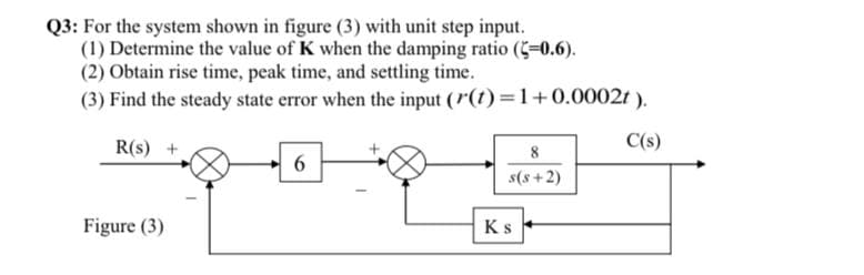Q3: For the system shown in figure (3) with unit step input.
(1) Determine the value of K when the damping ratio (-0.6).
(2) Obtain rise time, peak time, and settling time.
(3) Find the steady state error when the input (r(1) =1+0.0002r ).
R(s) +
C(s)
s(s +2)
Figure (3)
Ks

