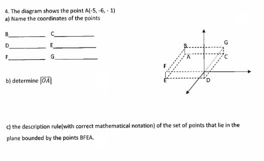 4. The diagram shows the point A(-5, -6, - 1)
a) Name the coordinates of the points
B.
G
D.
F
b) determine OA|
c) the description rule(with correct mathematical notation) of the set of points that lie in the
plane bounded by the points BFEA.
