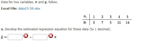 Data for two variables, x and y, follow.
Excel File: data15-39.xlsx
1
2
3 4 5
3
7
5
11
14
a. Develop the estimated regression equation for these data (to 1 decimal).

