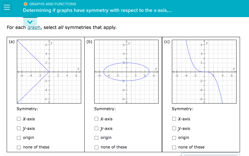 O GRAPHS AND FUNCTIONS
Determining if graphs have symmetry with respect to the x-axis,.
For each graph, select all symmetries that apply.
(a)
(b)
(c)
4+
4-
4-
2
2-
-6
-4
-2
4.
-6.
4.
-2
-6
-4
-2
6.
-2-
-2-
4-
4
4+
-6-
-6-
-6
Symmetry:
Symmetry:
Symmetry:
х-аxis
х-аxis
х-аxis
У-аxis
O y-axis
O y-axis
origin
origin
origin
none of these
none of these
none of these
6.
6.
