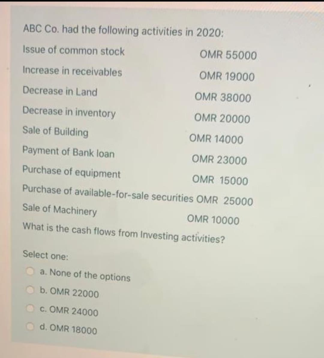 ABC Co. had the following activities in 2020:
OMR 55000
Issue of common stock
Increase in receivables
OMR 19000
Decrease in Land
OMR 38000
Decrease in inventory
OMR 20000
Sale of Building
OMR 14000
Payment of Bank loan
OMR 23000
Purchase of equipment
OMR 15000
Purchase of available-for-sale securities OMR 25000
Sale of Machinery
OMR 10000
What is the cash flows from Investing activities?
Select one:
a. None of the options
b. OMR 22000
c. OMR 24000
d. OMR 18000
