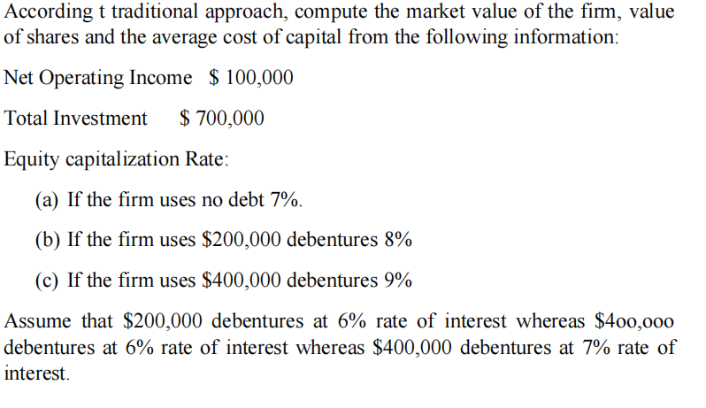 According t traditional approach, compute the market value of the firm, value
of shares and the average cost of capital from the following information:
Net Operating Income $ 100,000
Total Investment $ 700,000
Equity capitalization Rate:
(a) If the firm uses no debt 7%.
(b) If the firm uses $200,000 debentures 8%
(c) If the firm uses $400,000 debentures 9%
Assume that $200,000 debentures at 6% rate of interest whereas $400,000
debentures at 6% rate of interest whereas $400,000 debentures at 7% rate of
interest.