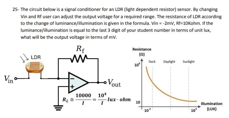 25- The circuit below is a signal conditioner for an LDR (light dependent resistor) sensor. By changing
Vin and Rf user can adjust the output voltage for a required range. The resistance of LDR according
to the change of luminance/illumination is given in the formula. Vin = -2mV, Rf=10Kohm. If the
luminance/illumination is equal to the last 3 digit of your student number in terms of unit lux,
what will be the output voltage in terms of mv.
Rf
Resistance
(n)
LDR
Dark
Daylight
Sunlight
10°
Vin
Vout
10000 104
RL
-lux ohm
10
Illumination
101
10
(LUX)
