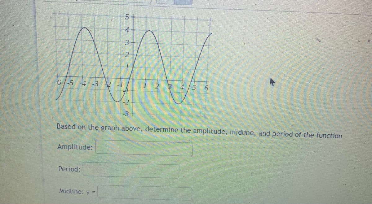 5+
4
-6/-5-4 -3 21
4/5 6
2.
-2
-3
Based on the graph above, determine the amplitude, midline, and period of the function
Amplitude:
Period:
Midline: y =
%3D
3.
