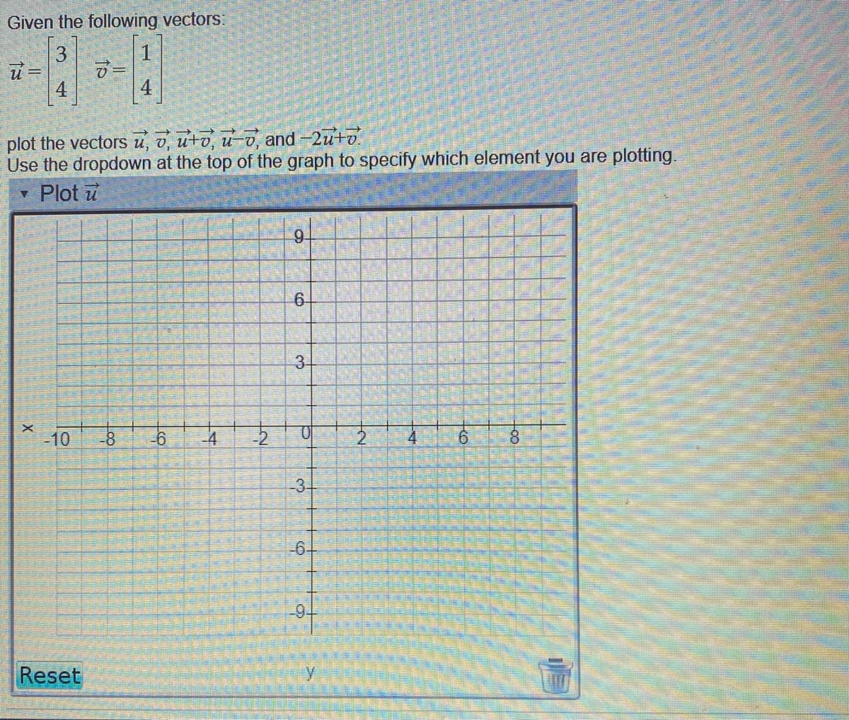 Given the following vectors:
3
1
4
4
plot the vectors u, v, uto, u-o, and -2u+o
Use the dropdown at the top of the graph to specify which element you are plotting.
Plot u
6.
6-
3-
-10
-8
-4
4
9-
Reset
to
2.
3.
6.
2,
