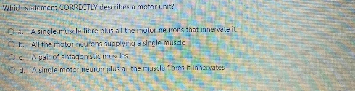 Which statement CORRECTLY describes a motor unit?
O a.
A single muscle fibre plus all the motor neurons that innervate it.
O b. All the motor neurons supplying a single muscle
O c.
A pair of antagonistic muscles
O d. A single motor neuron plus all the muscle fibres it innervates
