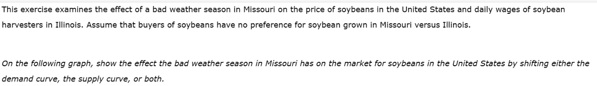 This exercise examines the effect of a bad weather season in Missouri on the price of soybeans in the United States and daily wages of soybean
harvesters in Illinois. Assume that buyers of soybeans have no preference for soybean grown in Missouri versus Illinois.
On the following graph, show the effect the bad weather season in Missouri has on the market for soybeans in the United States by shifting either the
demand curve, the supply curve, or both.