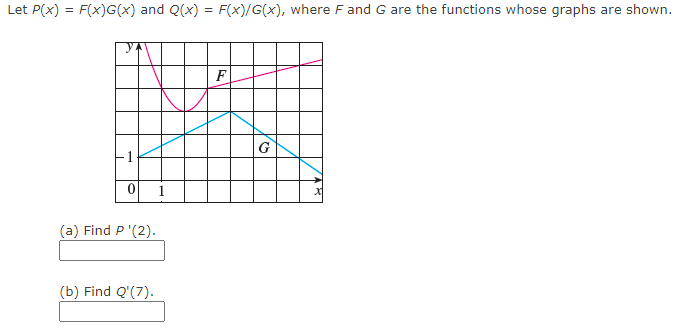 Let P(x) = F(x)G(x) and Q(x) = F(x)/G(x), where F and G are the functions whose graphs are shown.
F
G
(a) Find P '(2).
(b) Find Q'(7).
