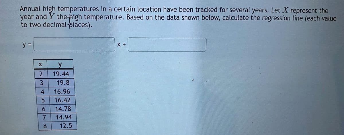 Annual high temperatures in a certain location have been tracked for several years. Let X represent the
year and Y the-high temperature. Based on the data shown below, calculate the regression line (each value
to two decimal places).
y D
2.
19.44
3.
19.8
4
16.96
16.42
6.
14.78
7
14.94
8.
12.5
