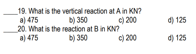 19. What is the vertical reaction at A in KN?
a) 475
20. What is the reaction at B in KN?
a) 475
b) 350
c) 200
d) 125
b) 350
c) 200
d) 125
